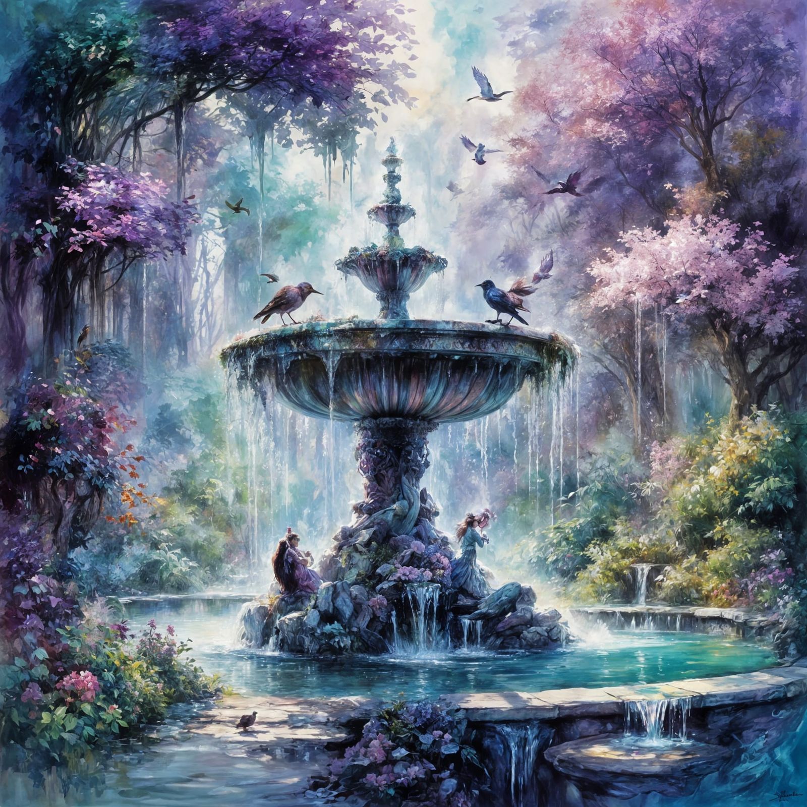 Magical Forest Fountain with Purple Birds