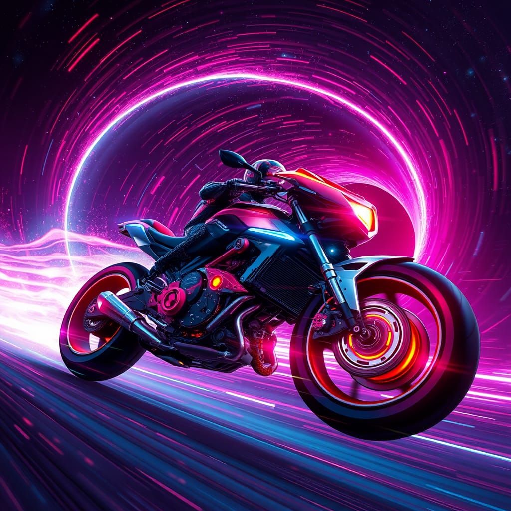 Galactic Motorcycle Races Through Wormhole in Cyberpunk Styl...