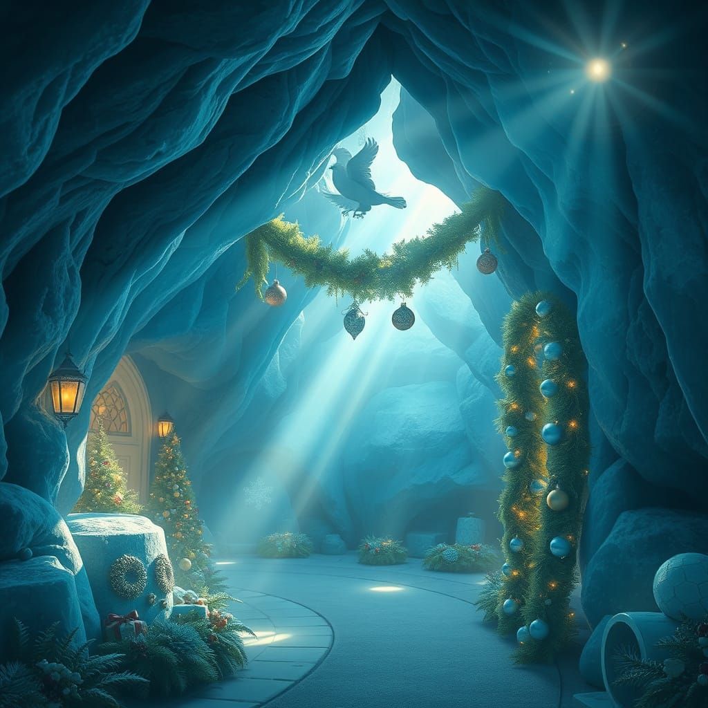 Magical Azure Christmas Cave with Divine Sunshine