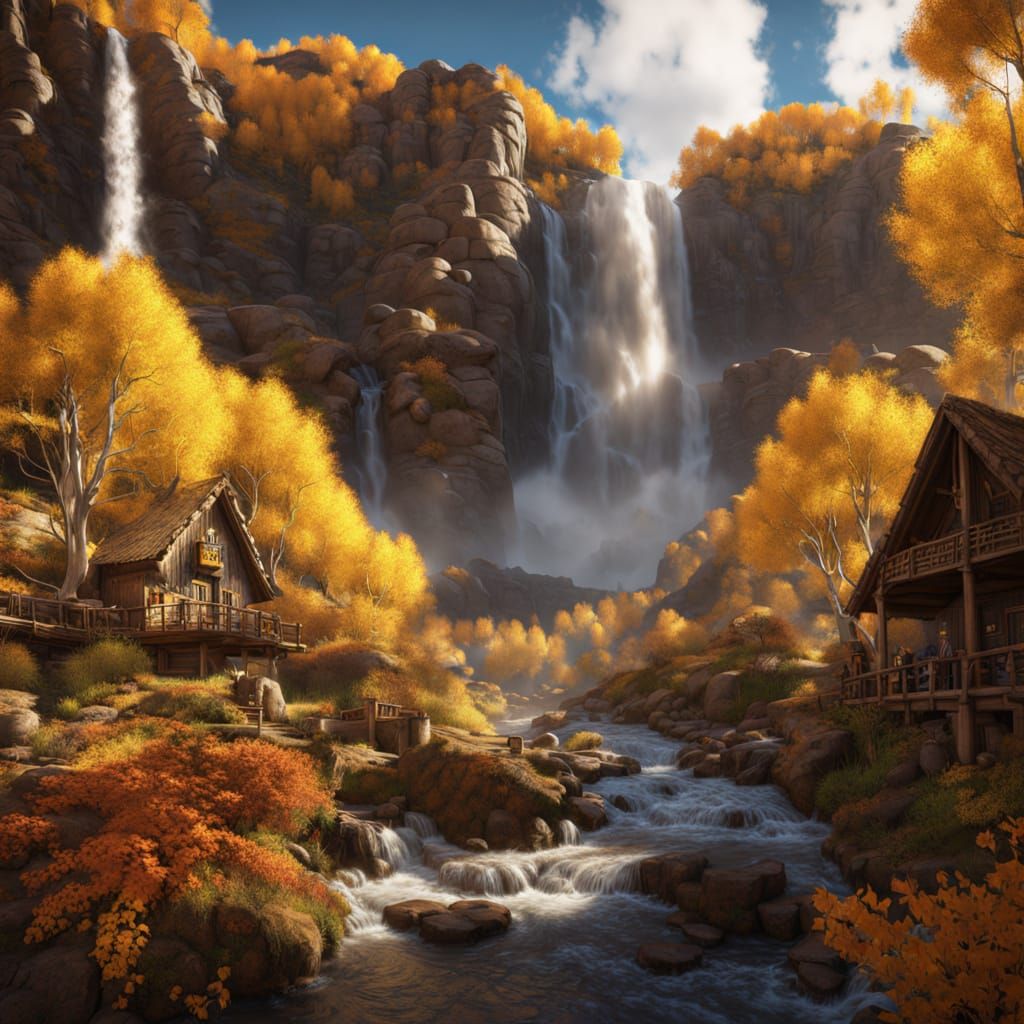 Golden Autumn Waterfall Over Adobe Walls