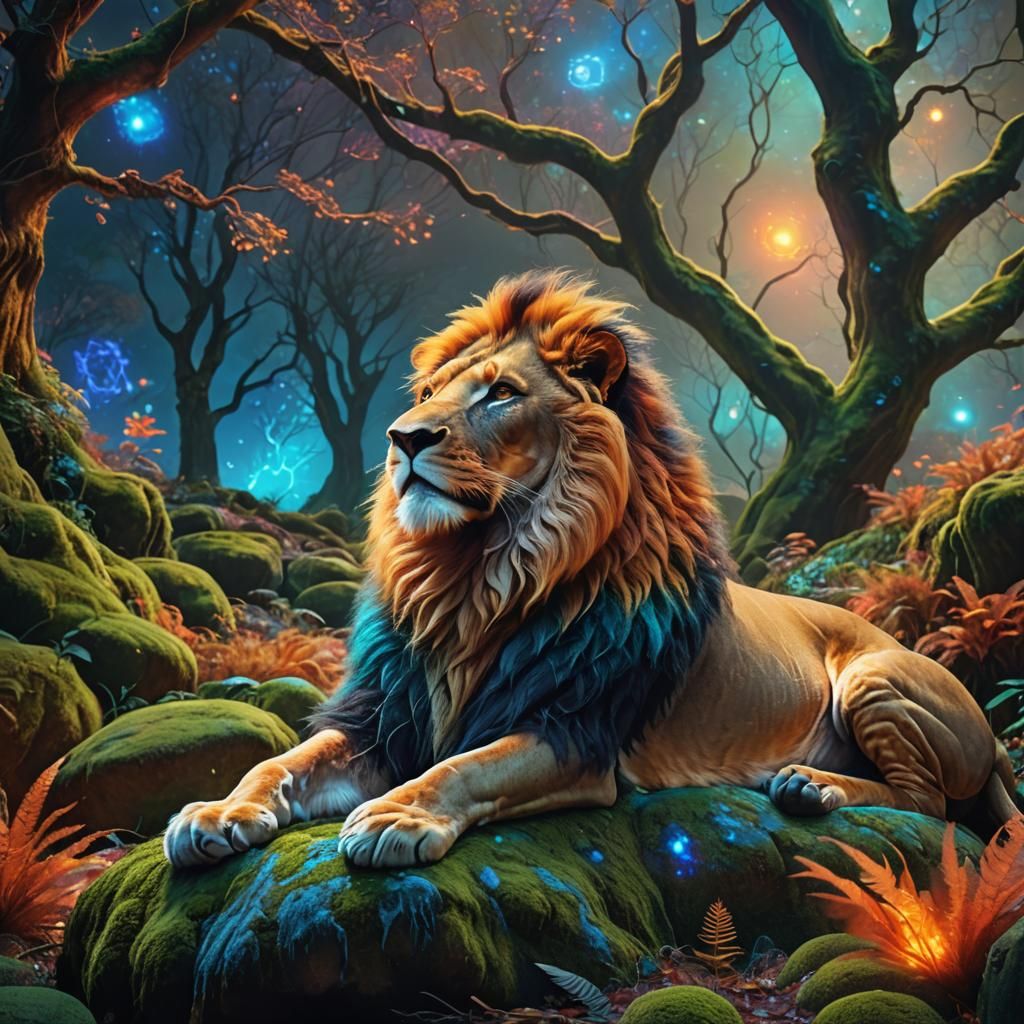 Lion in Glowing Forest: Fantasy Concept Art