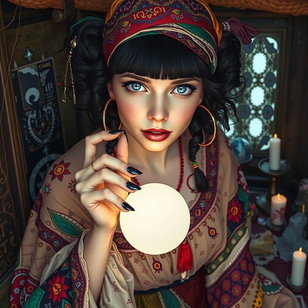 Mystical Gypsy Woman with Magic 8 Ball as Art Nouveau