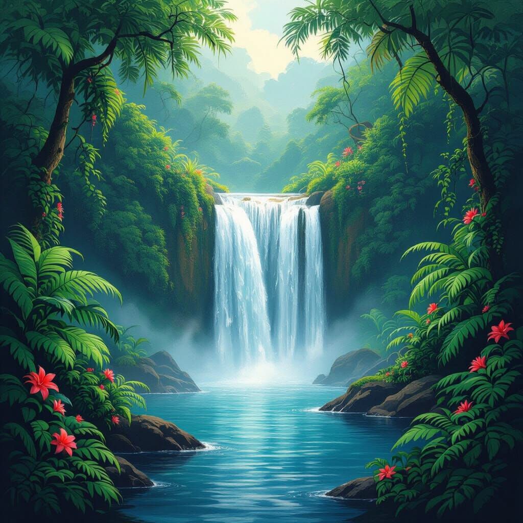 Lush Rainforest Waterfall in Naive Art Style