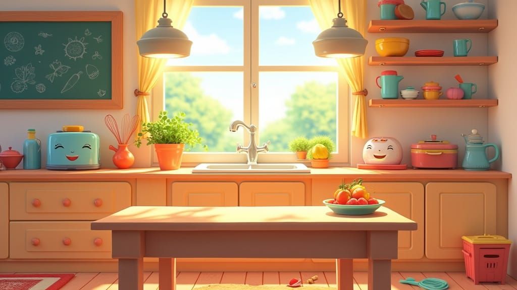 Cozy Child-Friendly Kitchen Scene in Cartoon Style