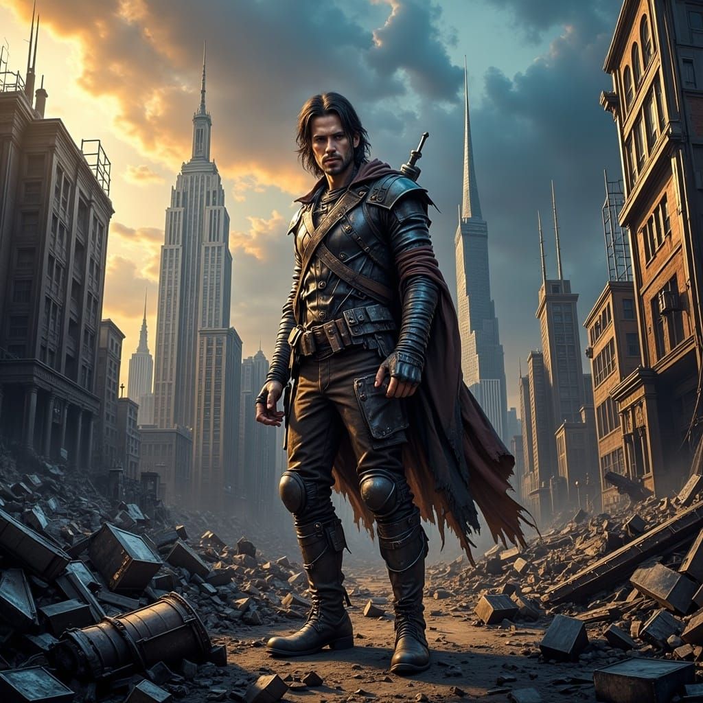 Post-Apocalyptic Hero in a Ruined Cityscape
