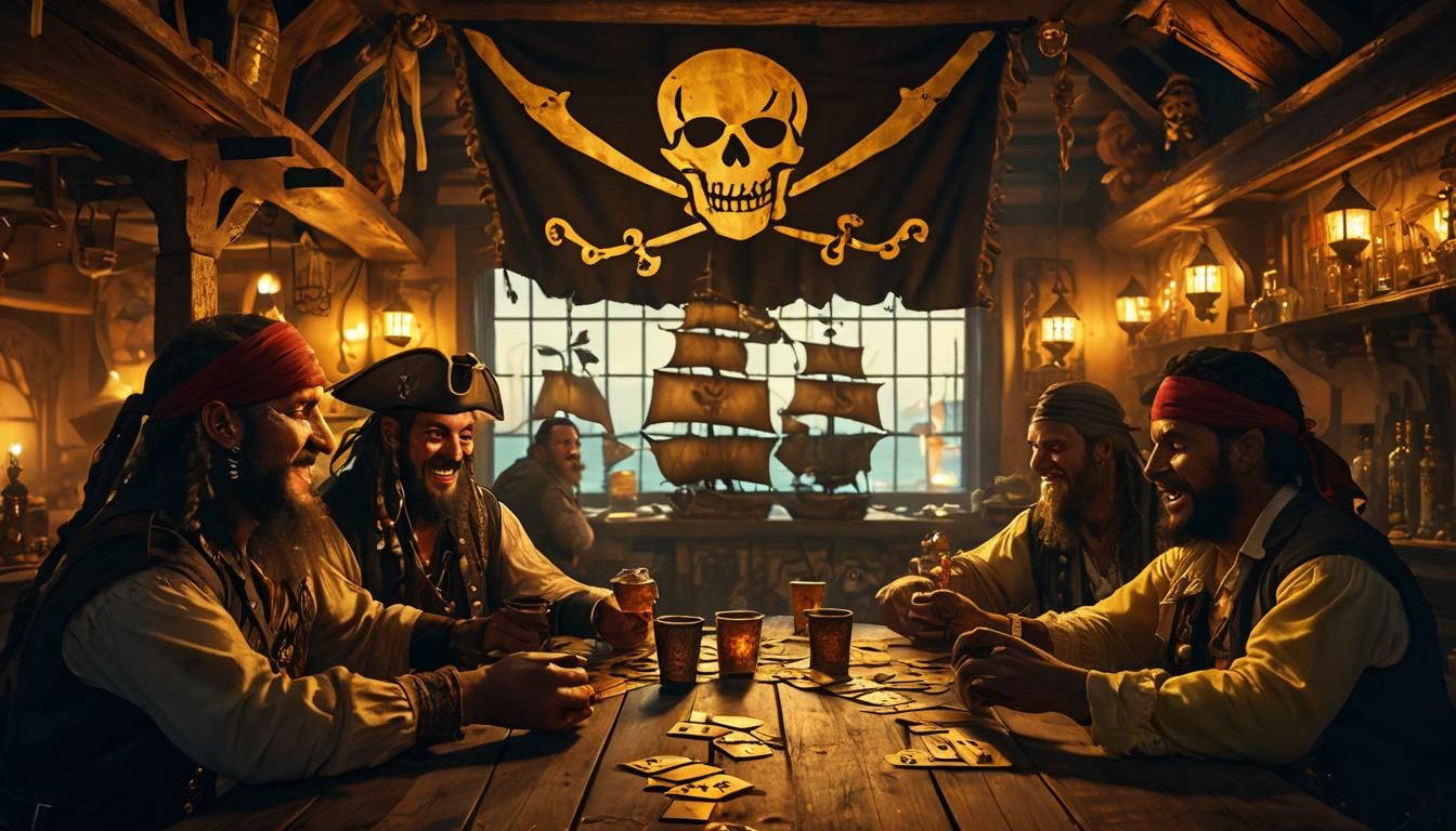 Pirates Playing Cards in Tortuga Tavern at Sunset