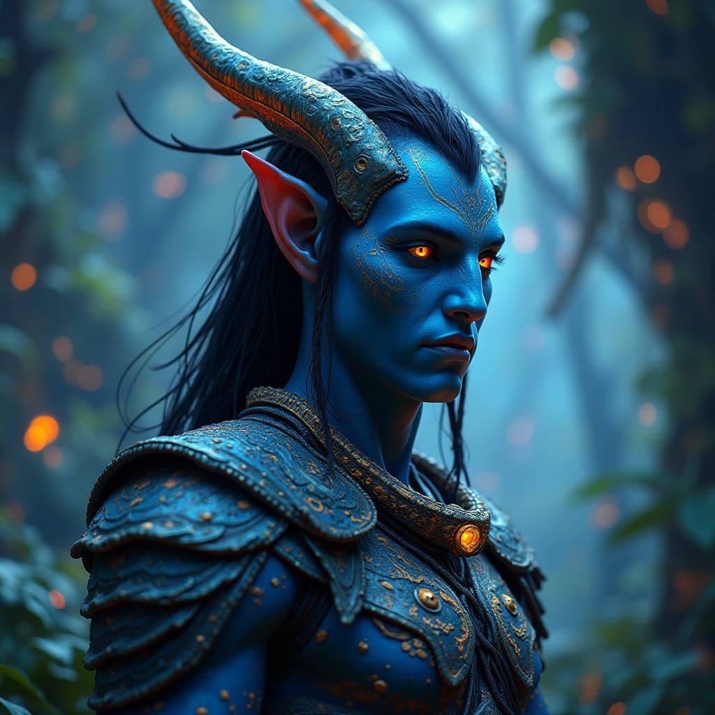Majestic Na'vi Warrior in Bioluminescent Pandora Forest