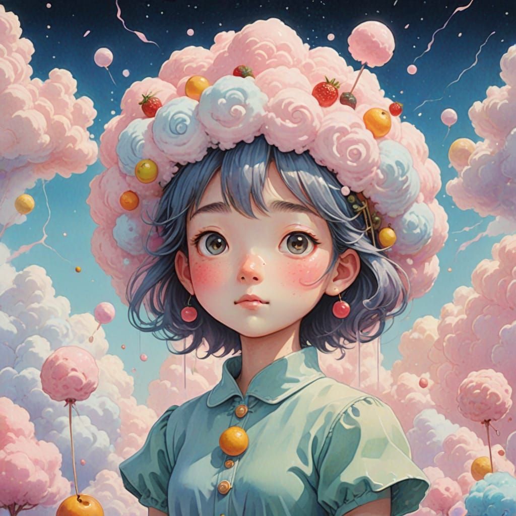 Fruit Character in Cotton Candy Clouds: Ghibli-esque Art