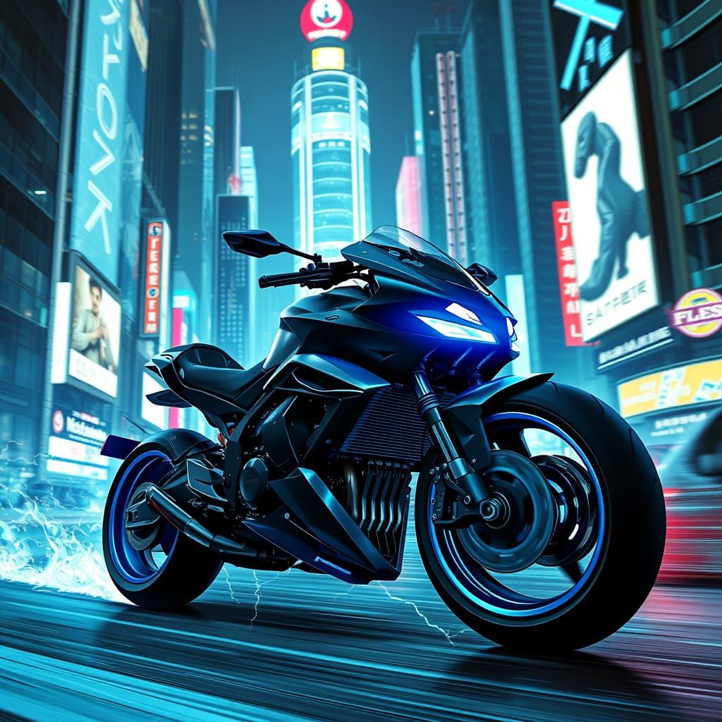 Futuristic Motorcycle Races Through Cyberpunk City