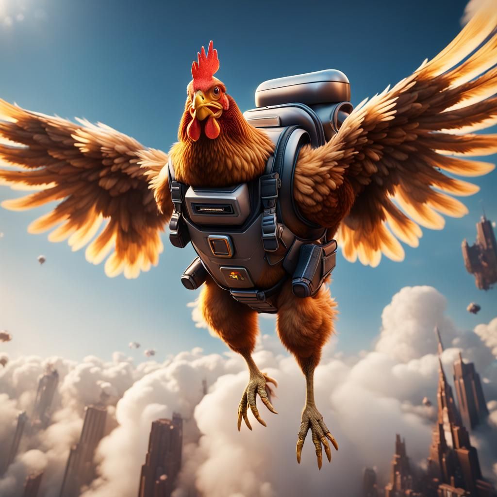 Chicken Flies High with Jetpack: Fantasy Concept Art