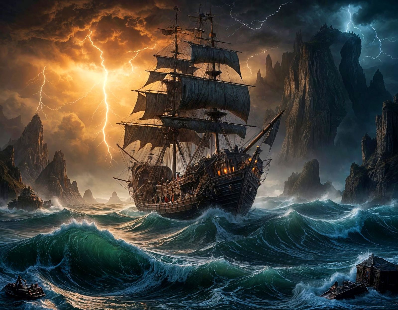 Hyperrealistic Pirate Ship in a Dark, Stormy Biomechanical L...