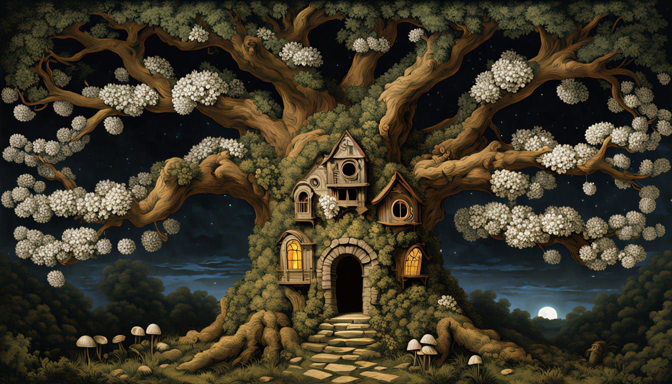 Glowing Fantasy Tree City with Magical Blooms and Luminous A...