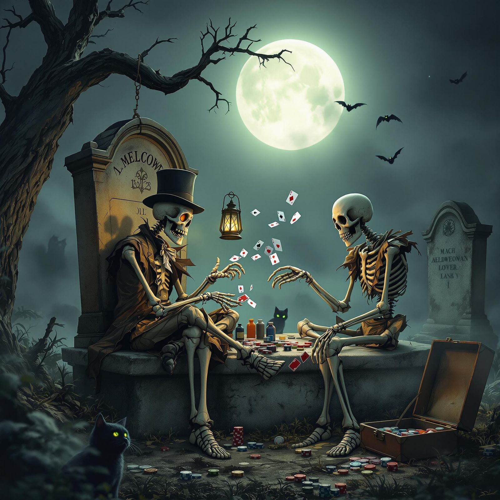 Skeletons Play Poker in Graveyard at Night