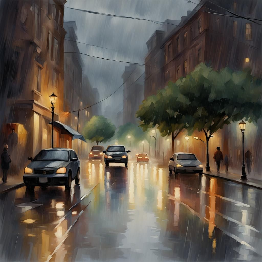 Rainy Street View in Neo-Impressionist Style