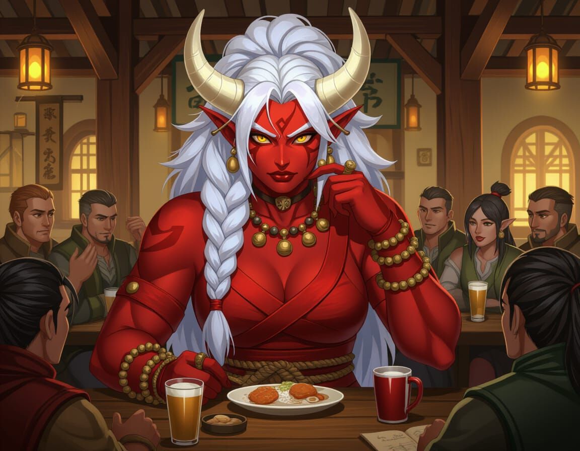 Towering Oni Storyteller in Medieval Tavern, Anime Style