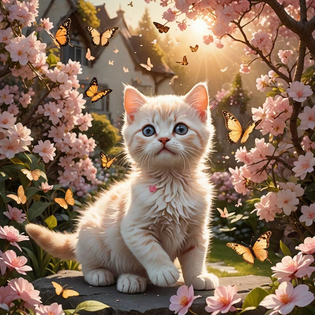Kitten's Spring Garden: A Matte Painting in Golden Light