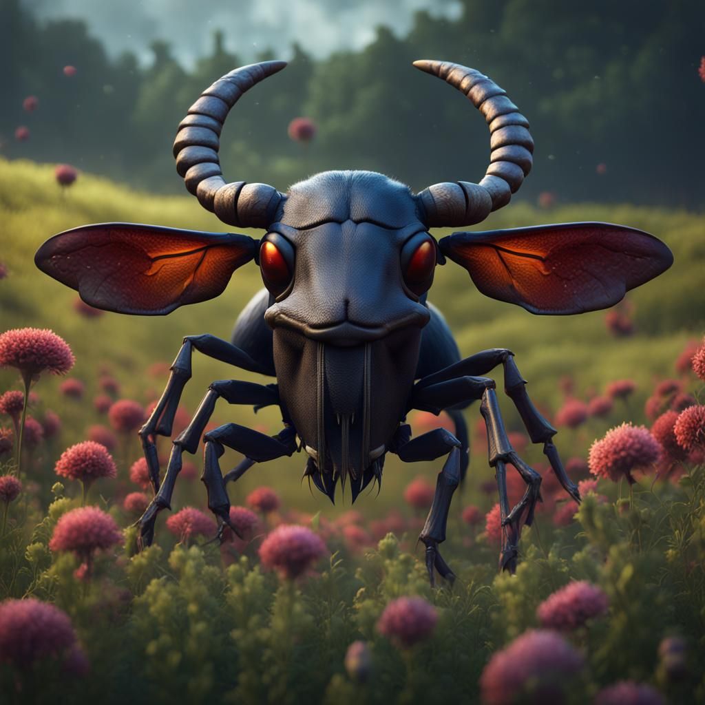 Cow with Stag Beetle Head in Field, Detailed Digital Art