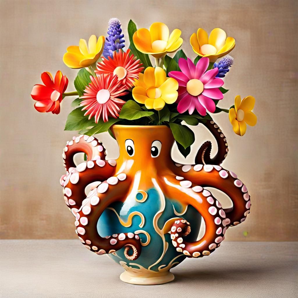 Surreal Chibi Octopus Pottery Vase with Flowers