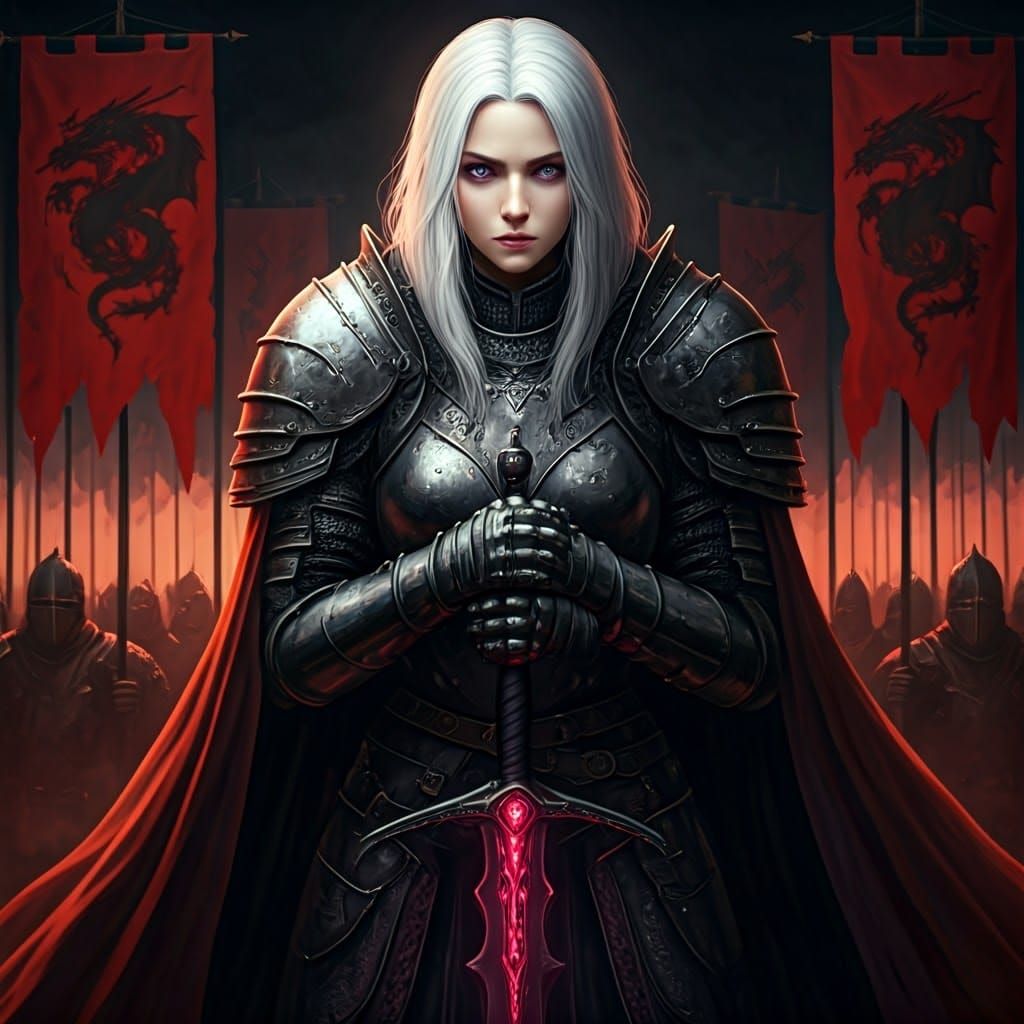 Young Warrior Queen in Majestic Armor, Royal Sword in Hand