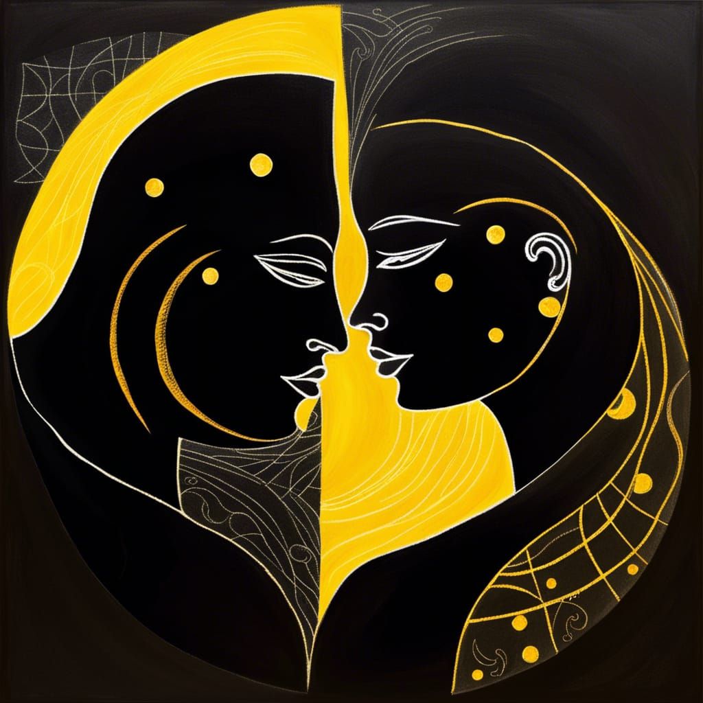 Silhouetted Couple Gazing at Moon in Chalk Art Style