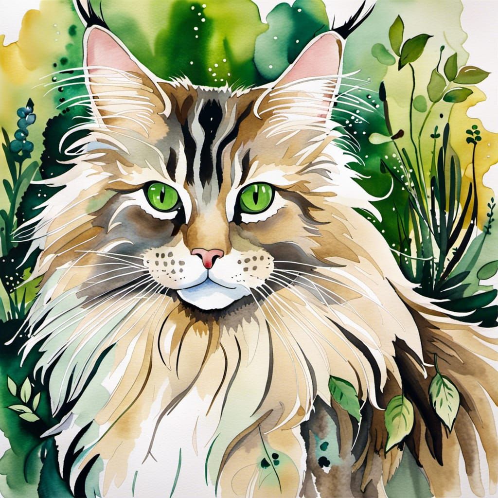 Fluffy Beige Maine Coon in Watercolor Art Brut Style
