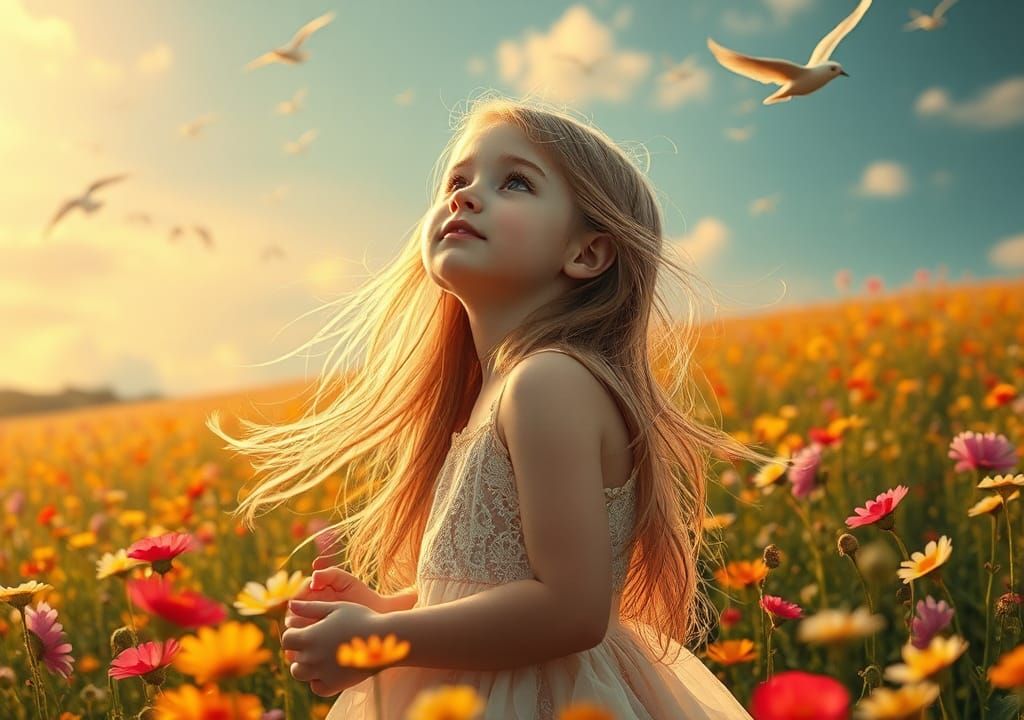 Girl in Wildflower Field, Art Nouveau Style