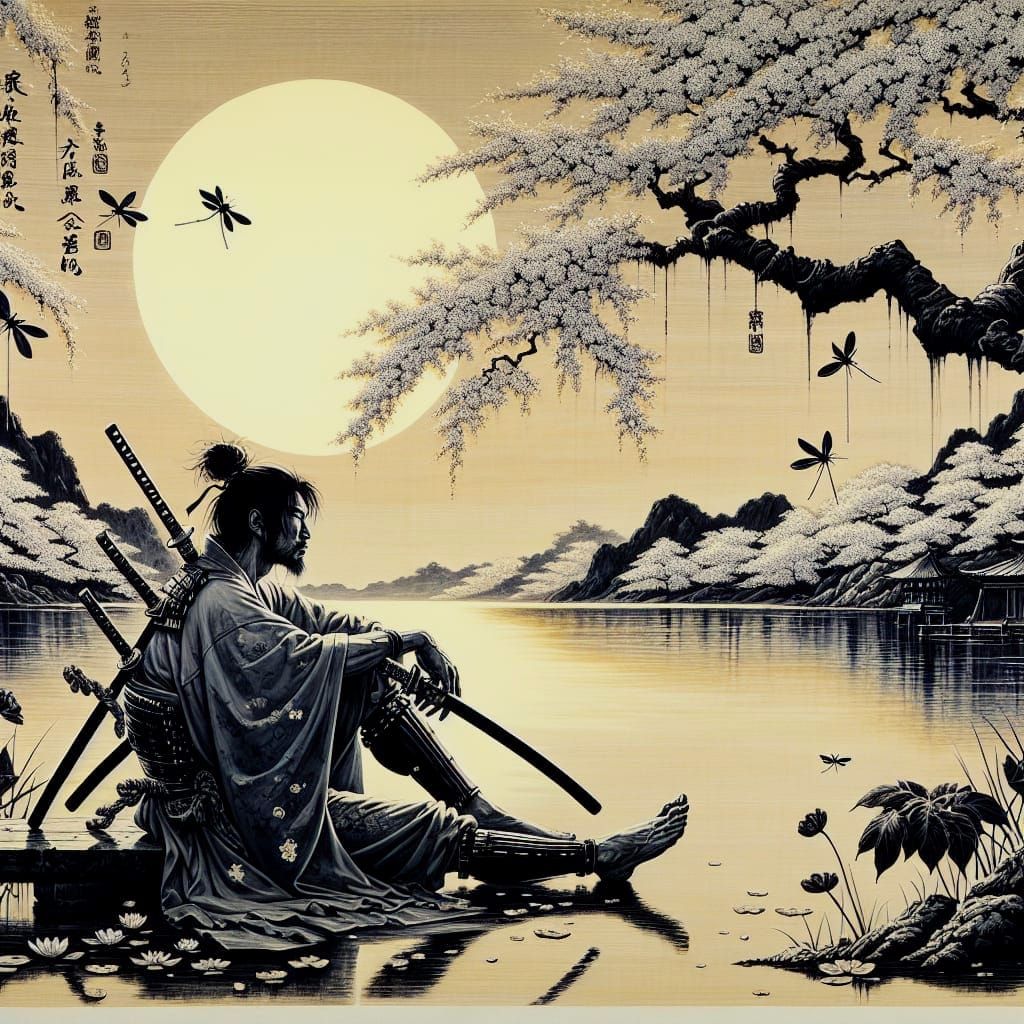 Samurai in Summer Solitude: A Traditional Japanese Sumi-e In...