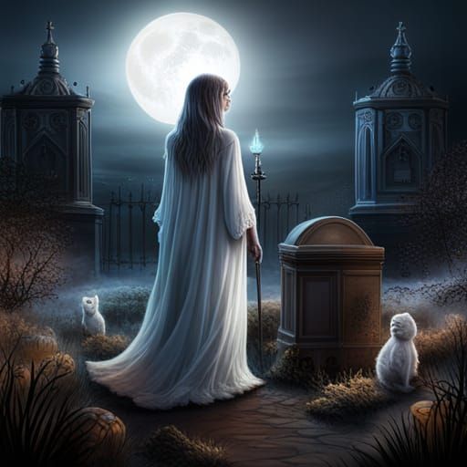 Melancholic Girl Ghost at Grave, Detailed Matte Painting