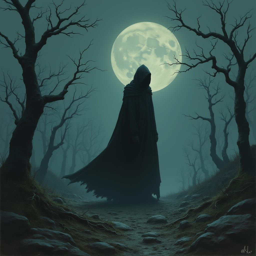 Dark Cloaked Figure in Desolate Moonlit Landscape