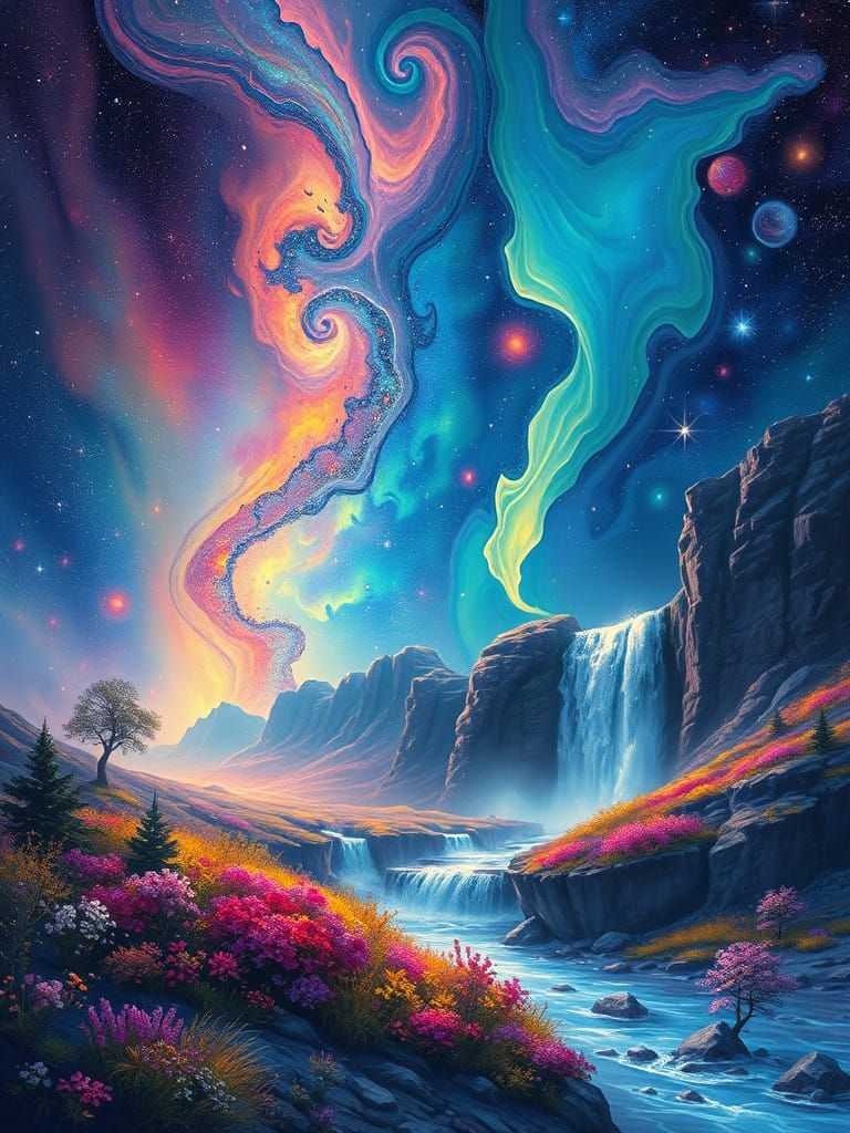 Ethereal Cosmic Palette Blooms with Hyperrealistic Landscape...