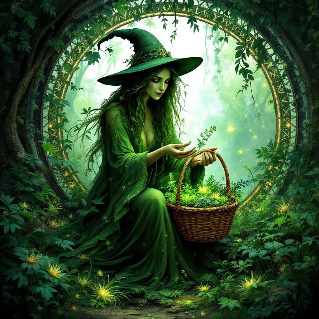 Mystical Green Witch in Whimsical Fantasy Forest