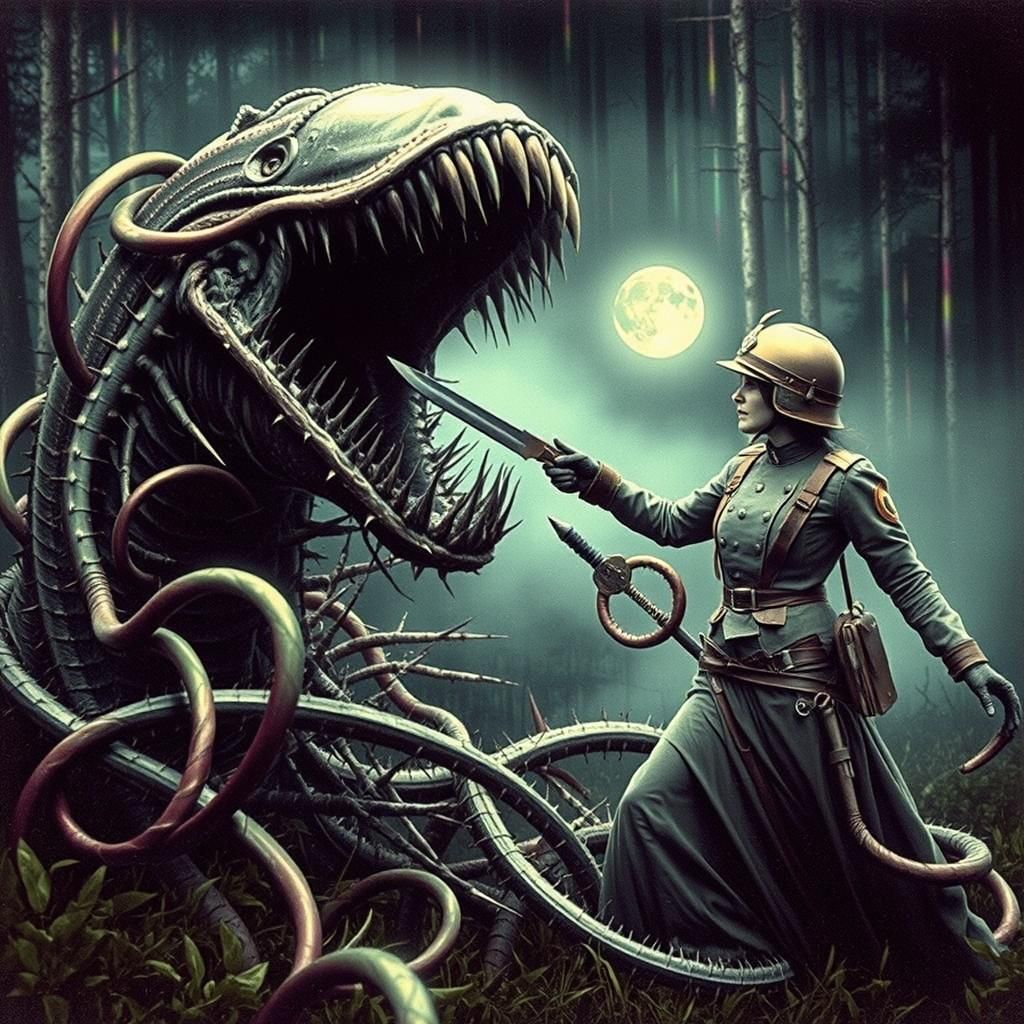 Steampunk Amazon Warrior Versus Carnivorous Plant