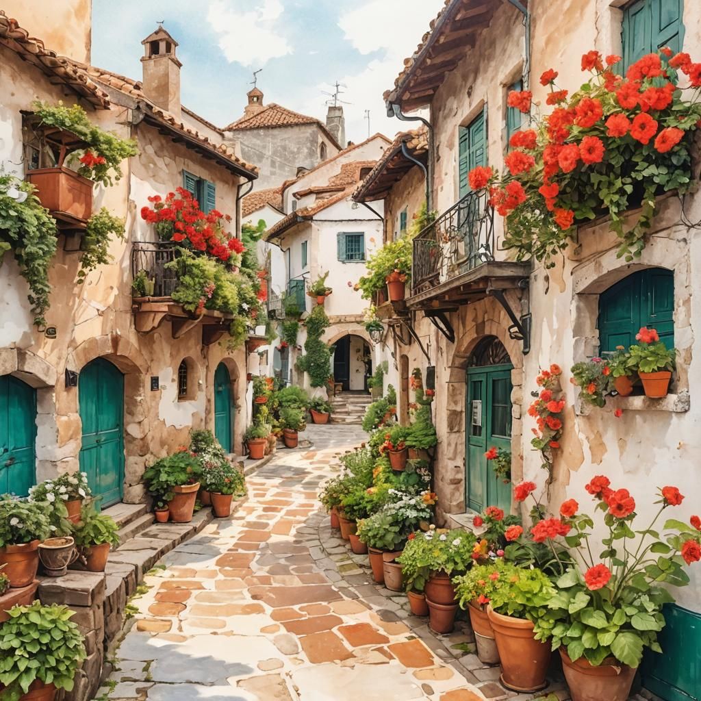 Charming Spanish Village Alley with Flowers