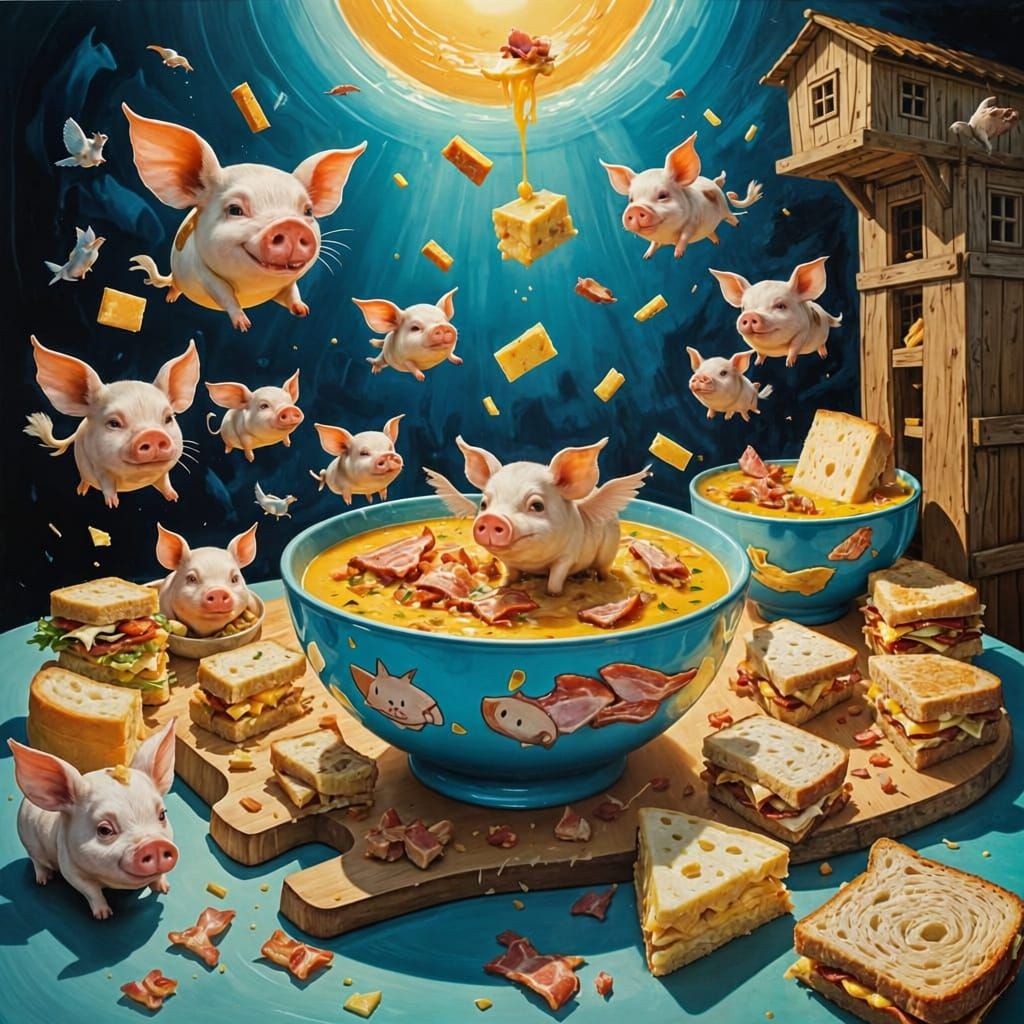 Whimsical Soup Bowl with Flying Pigs and Sandwiches