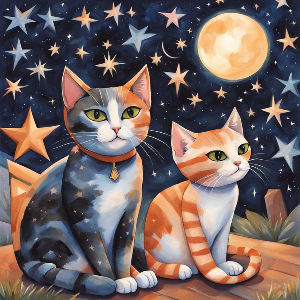 Cats Silhouetted Under a Starry Night Sky