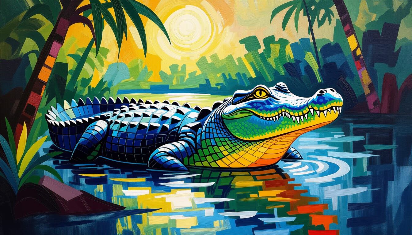 Nile Crocodile in Jungle, Neo-Impressionist Oil Painting