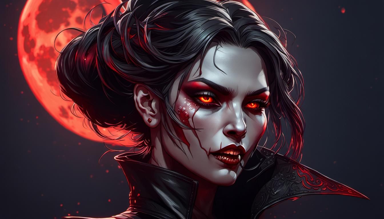 Vampire Woman Portrait with Red Moon, Hyperdetailed Art