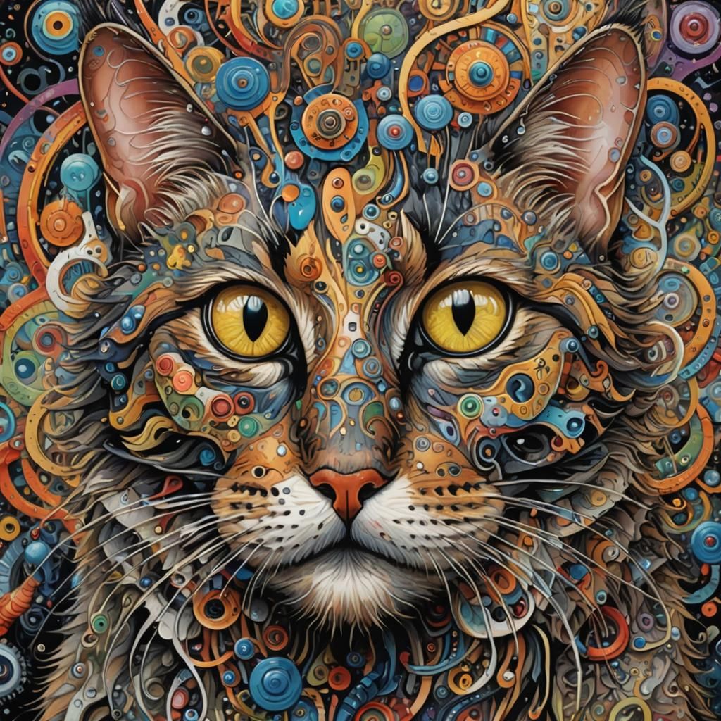 Robot Cat Vector Art in Psychedelic Collage Style