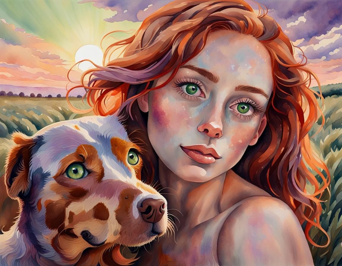 Woman and Dog in Lavender Field: Watercolor Painting