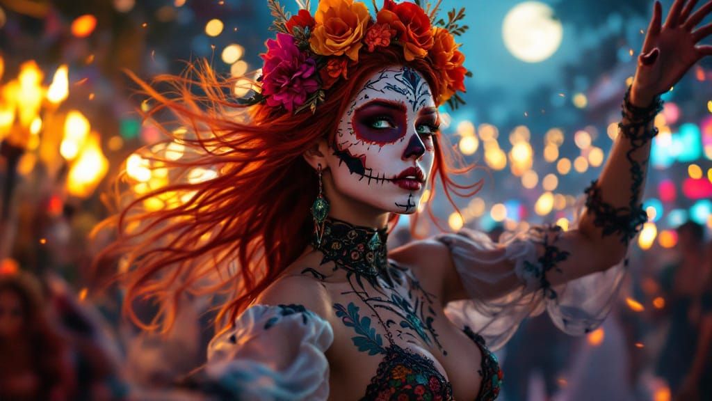 Nordic Girl Dances at Dia de los Muertos Fiesta