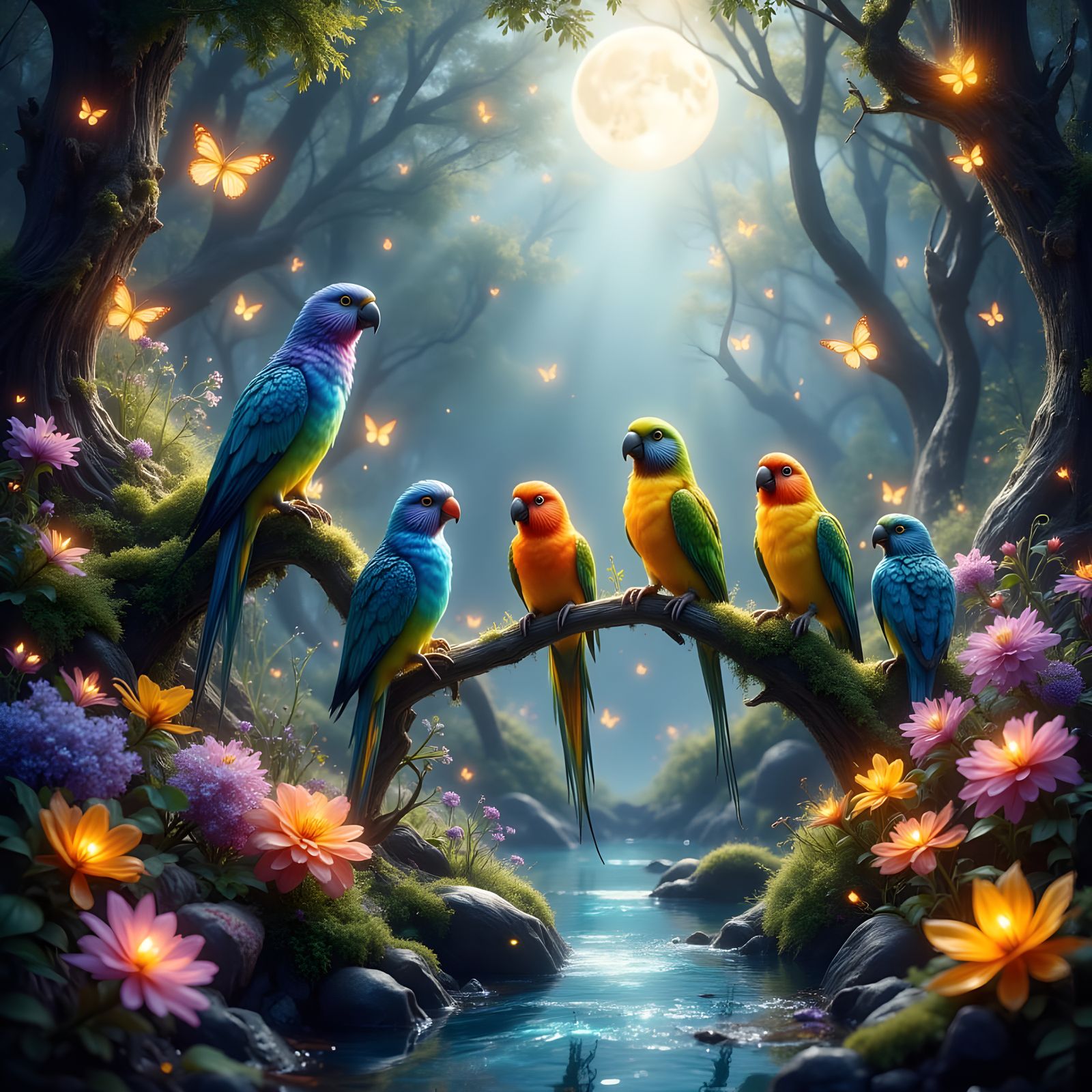 Mystical Forest Birds in Dreamy Digital Illustration