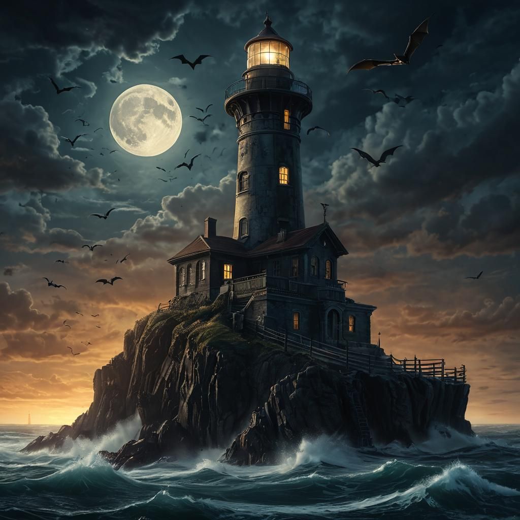 Oil Painting, Creepy Old Lighthouse Island