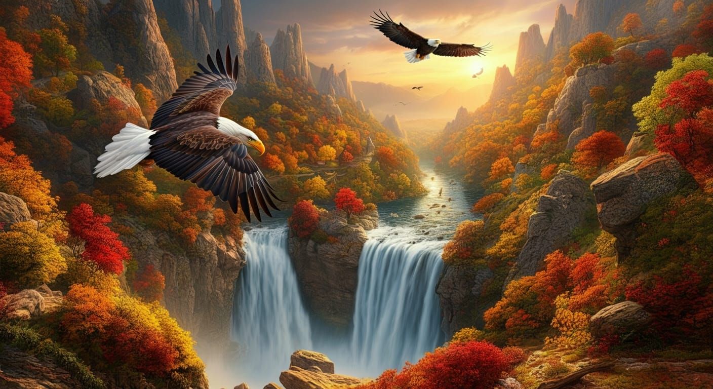 Autumn Landscape with Waterfall and Eagle at Sunset