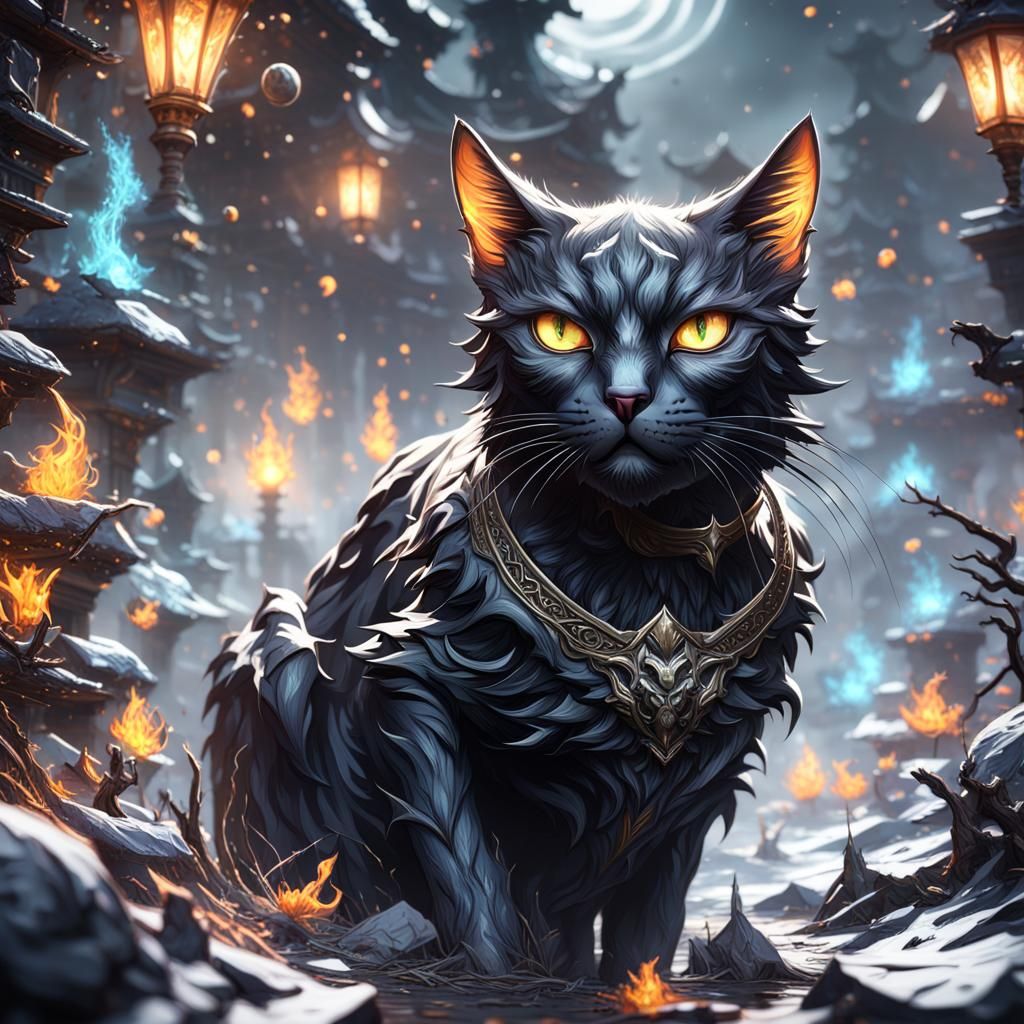 Black Cat Hunting Ghost in Detailed Matte Painting