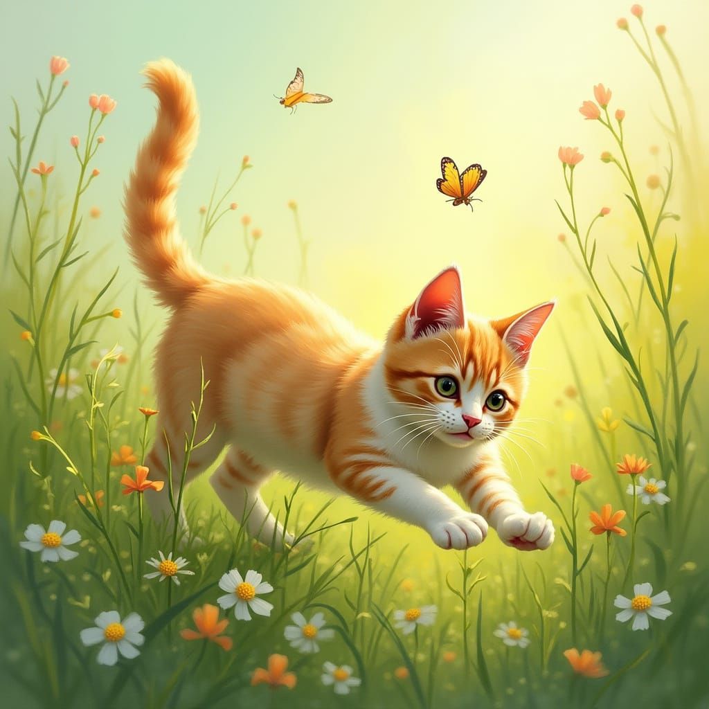 Playful Cat Chasing Butterflies in Summer Meadow