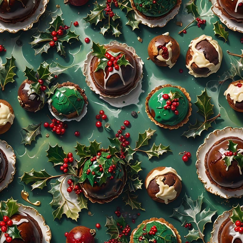 Magical Christmas Pudding Still Life in Opulent Oil Painting...