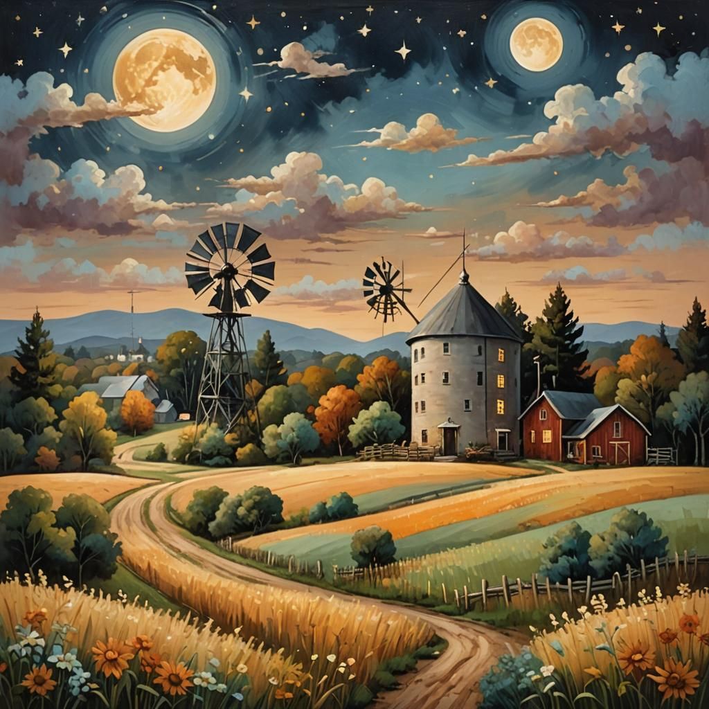 Folk Art Landscape Painting of Harvest Moon