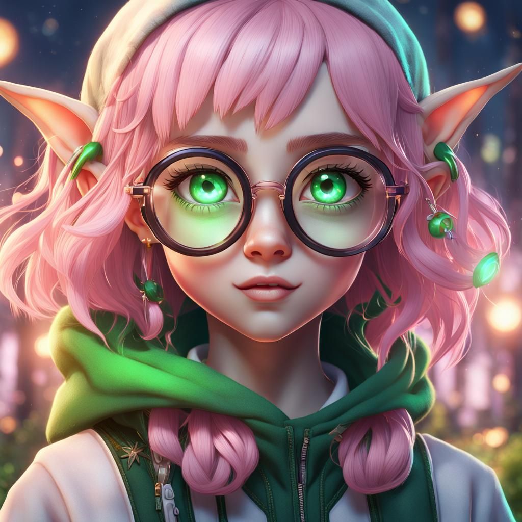 Anime Elf Girl with Pink Hair and Glasses
