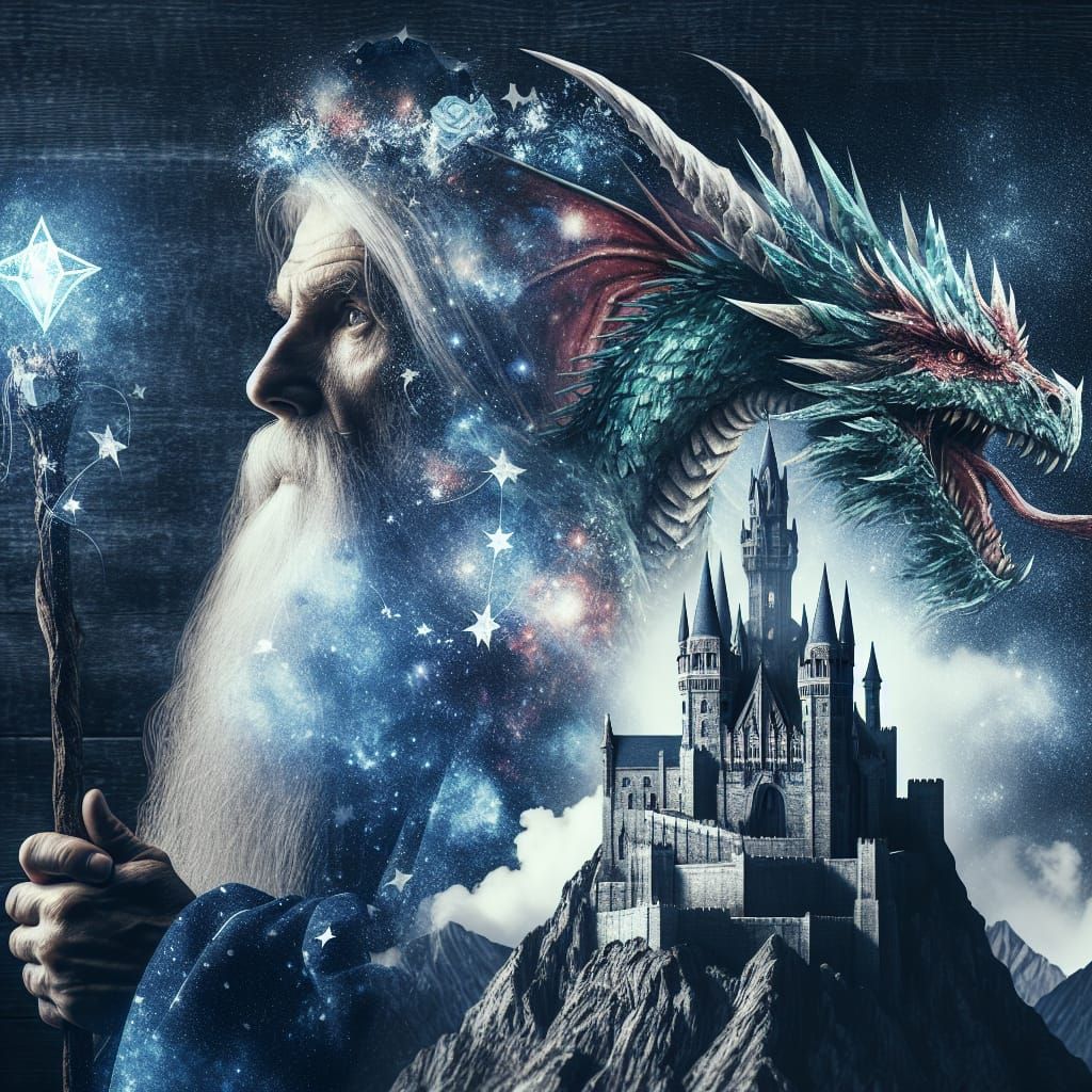 A Wizard Battles a Dragon Amidst a Majestic Castle and Mount...
