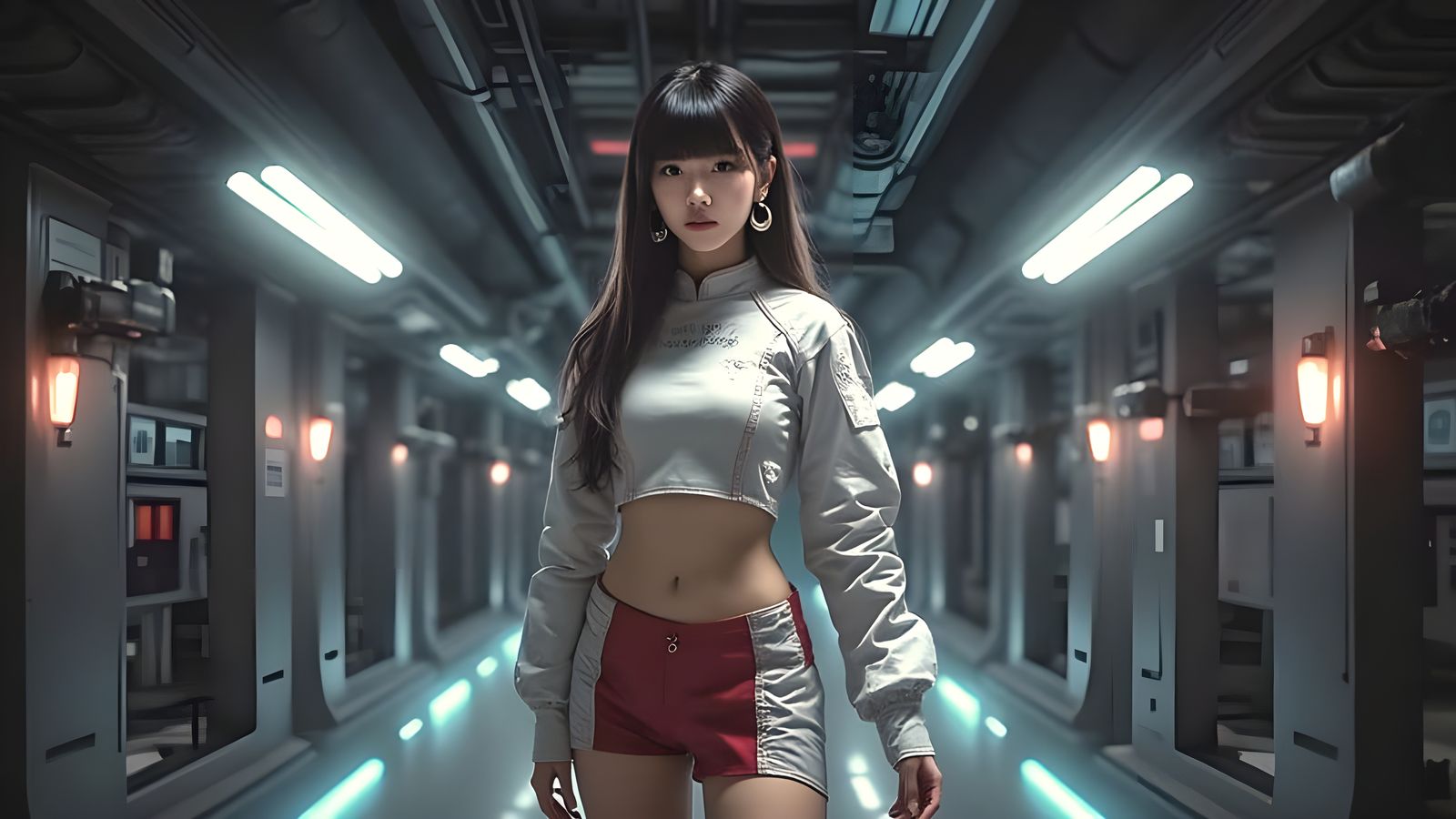 Asian Space Girl in Industrial Corridor